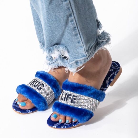 THUG LIFE Faux Fur Blue Bandana Slide - Picture 6 of 12